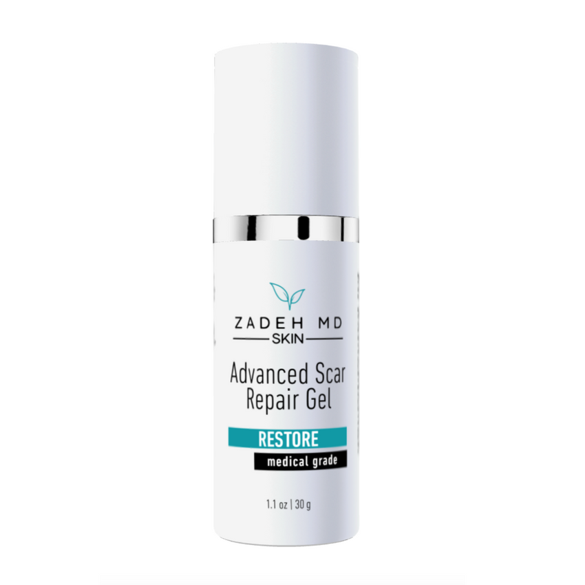 Zadeh MD Skin Advanced Scar Repair Gel bottle on a white background